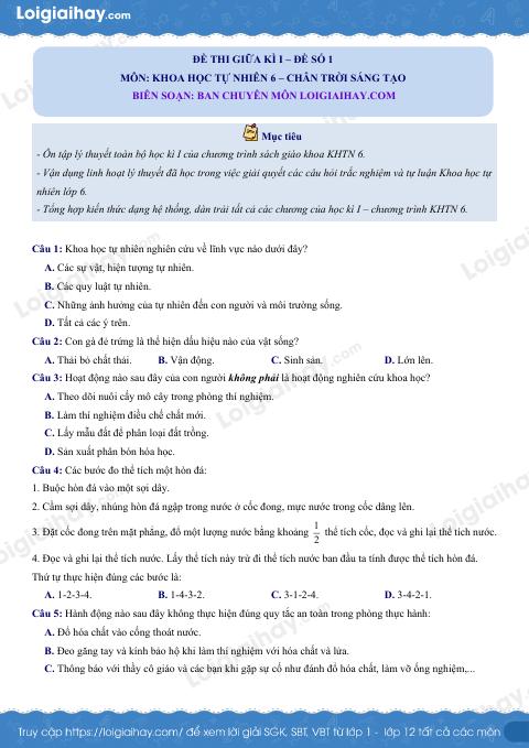 Đề thi giữa kì 1 KHTN 6 Chân trời sáng tạo - Đề số 1